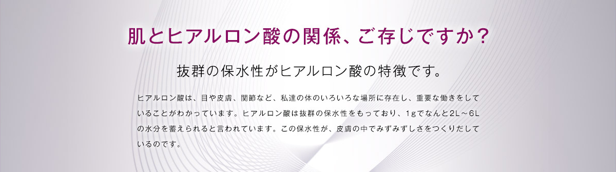 肌とヒアルロン酸の関係、ご存じですか？抜群の保水性がヒアルロン酸の特徴です。ヒアルロン酸は、眼や皮膚、関節など、私達の体のいろいろな場所に存在し、重要な働きをしていることがわかっています。ヒアルロン酸は抜群の保水性をもっており、1gでなんと２L～６Lの水分を蓄えられると言われています。この保水性が、皮膚の中でみずみずしさをつくりだしているのです。